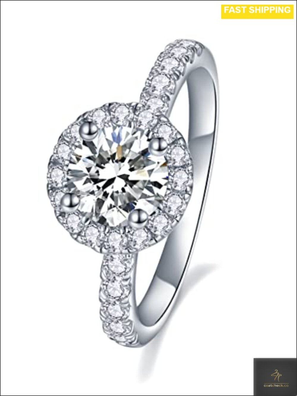 Halo Moissanite Engagement Ring Sterling Silver 18K White Gold Plated